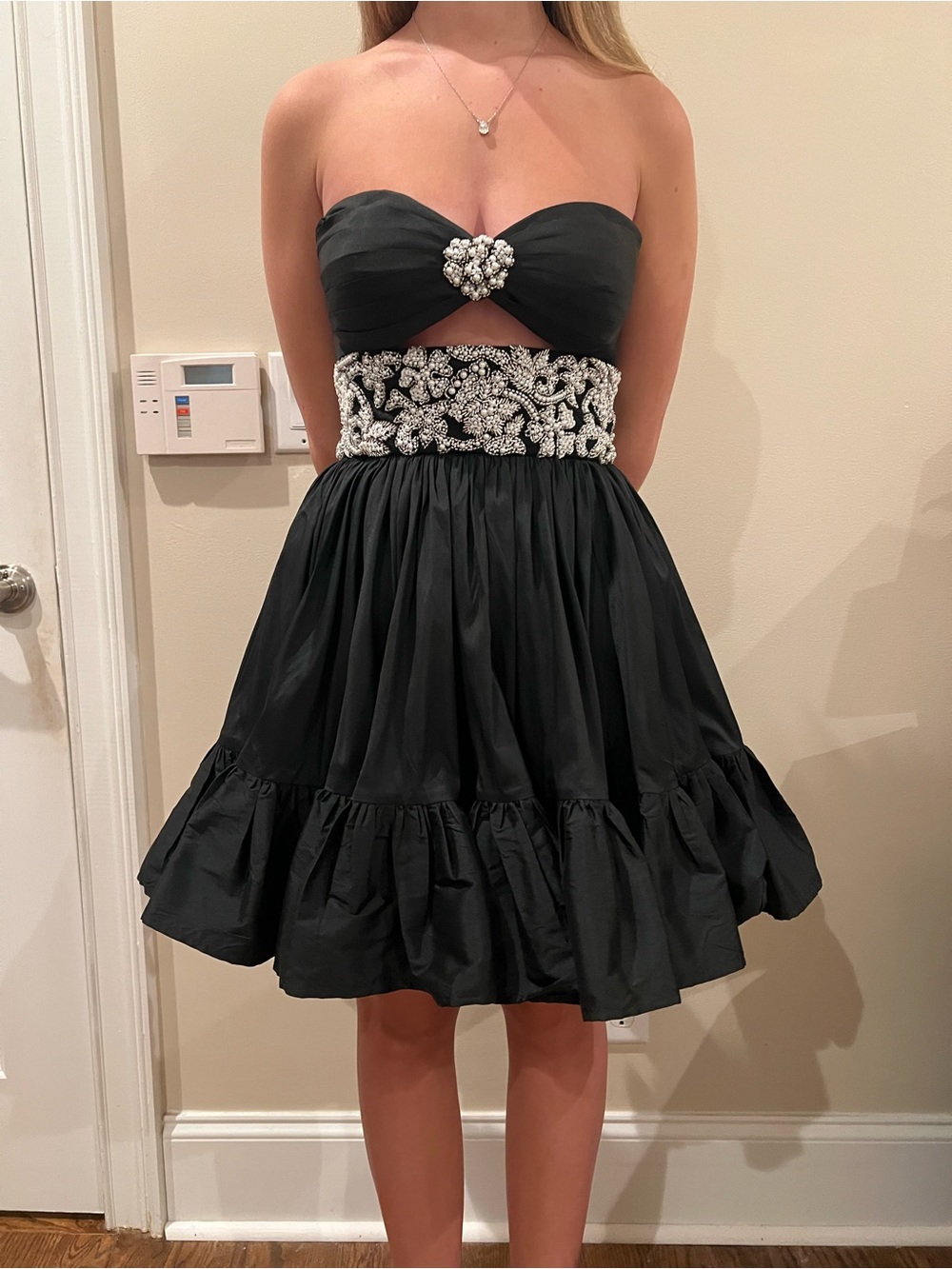 Sherri Hill Black Strapless Dress with Crystal Embellished Waist size 4 hoco